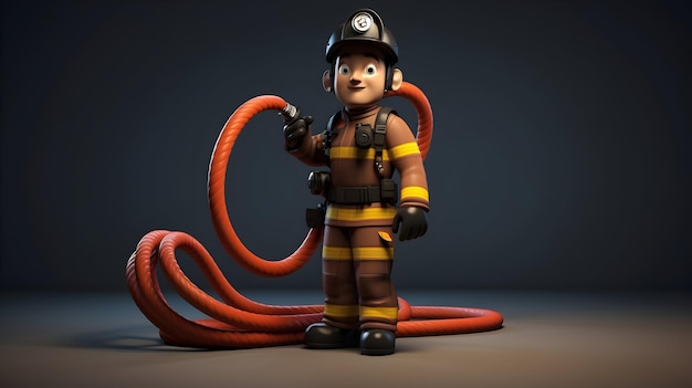 Una representación en 3D que retrata a un personaje de bomberos decidido