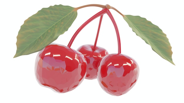 Una representación en 3D de un racimo de cerezas rojas Las cerezas se representan en un estilo realista y la imagen tiene un fondo blanco