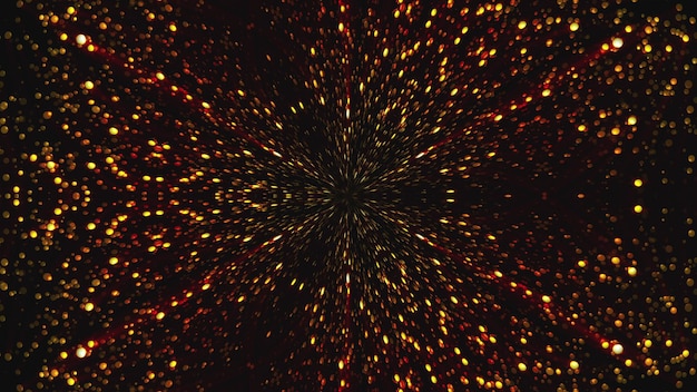 Representación 3D de radiación desde el centro de partículas doradas sobre un fondo negro generado por computadora resumen antecedentes