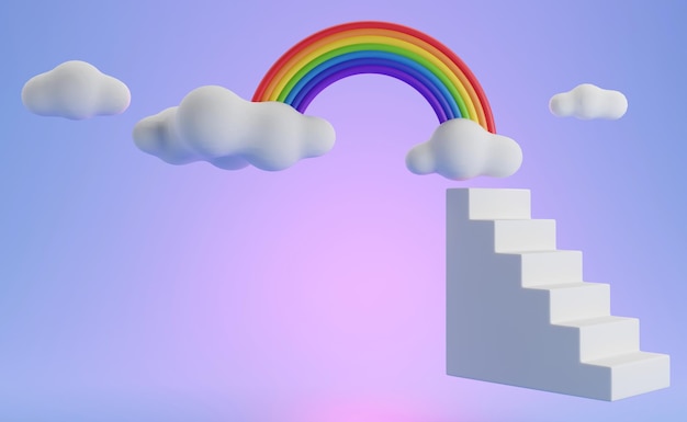 Representación 3D de Rainbow y escalada de escaleras en el fondo del cielo pastel inspiración para el éxito