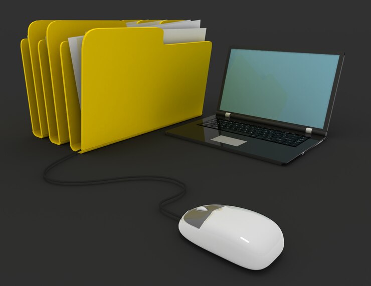 Foto representación 3d de ratón con carpeta de archivos