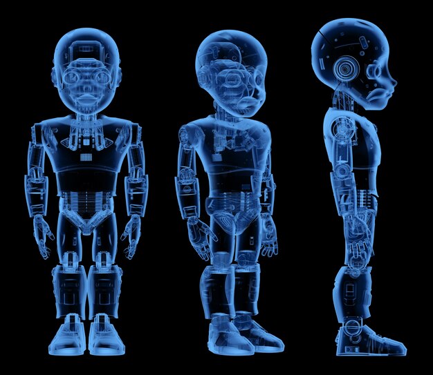 Representación 3D de rayos x lindo robot o robot de inteligencia artificial con personaje de dibujos animados de longitud completa