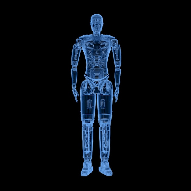Representación 3D de rayos x robot humanoide de cuerpo completo sobre fondo blanco.