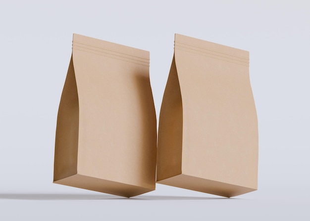Una representación 3D realista de una bolsa de Kraft marrón con un fondo plano y una parte superior sellada colocada agai