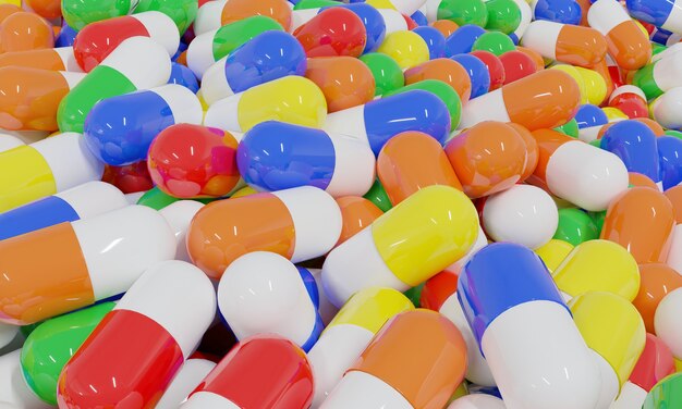 Representación 3d realista de diferentes píldoras médicas de colores