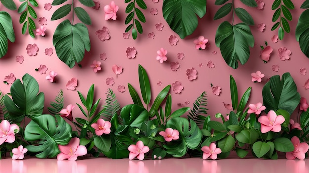 representación 3D realista de fondo rosado con decoración de plantas de primavera