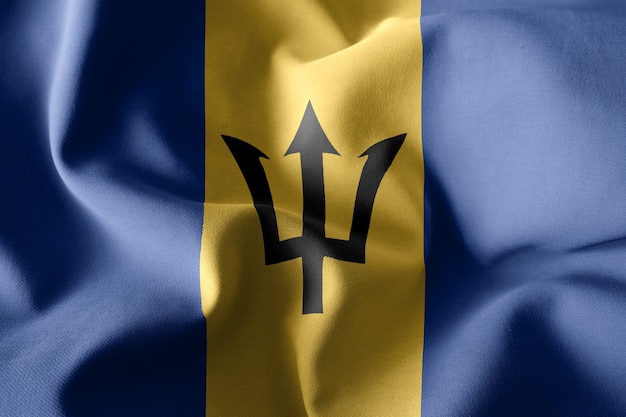 Representación 3D realista ondeando la bandera de seda de Barbados