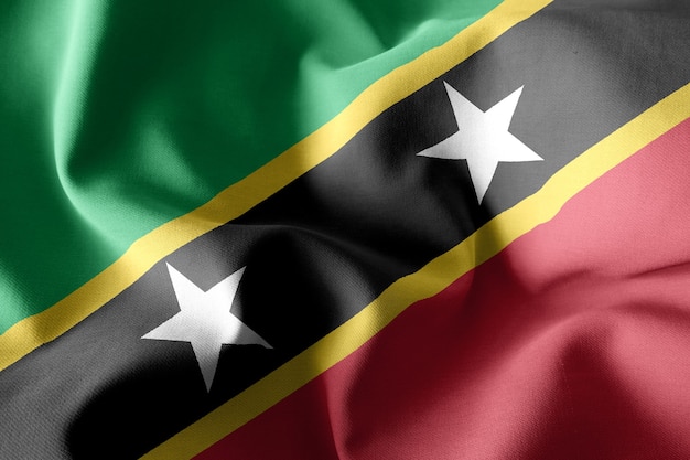 Representación 3D realista ondeando la bandera de seda de Saint Kitts y Nevis