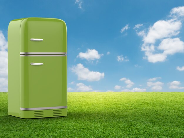 Representación 3D refrigerador verde en campo verde y cielo azul