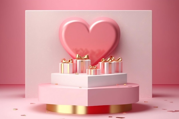 Representación 3D de regalo en forma de corazón en un podio rosa