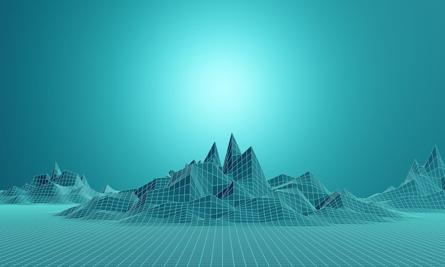 Representación 3D. Rejilla de montaña de baja poli. Paisaje topográfico azul verdoso.