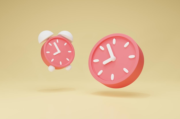 Representación 3D Reloj rojo y símbolos de reloj despertador icono circular sobre fondo Vista en perspectiva amarilla