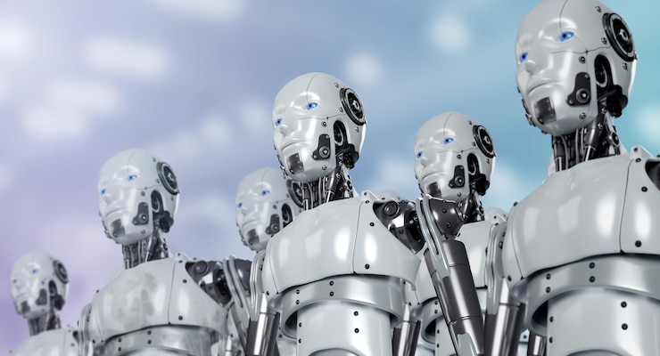 Foto representación 3d de retratos de robots humanos en la fila del grupo industrial del ejército de robótica de máquinas cyborg en el fondo de la fábrica concepto de tecnología de inteligencia artificial del equipo robótico de ia futurista
