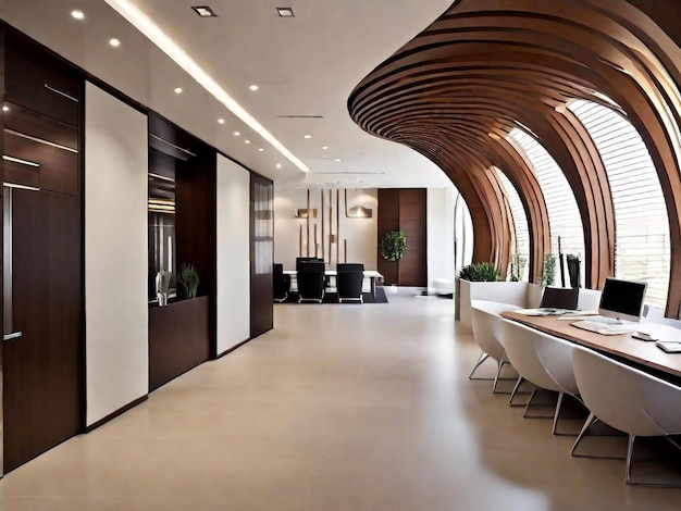 Representación 3D de reuniones de negocios y sala de trabajo en un edificio de oficinas