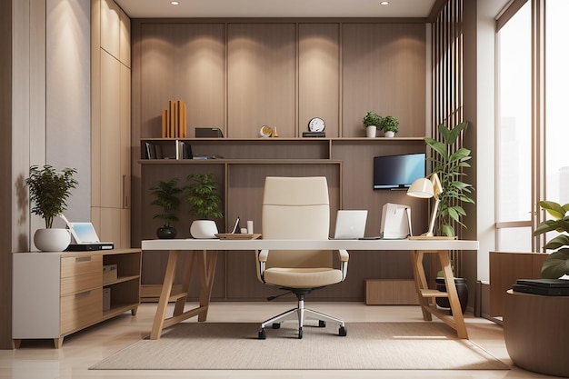 Representación 3D de reuniones de negocios y sala de trabajo en estilo asiático de oficina en casa