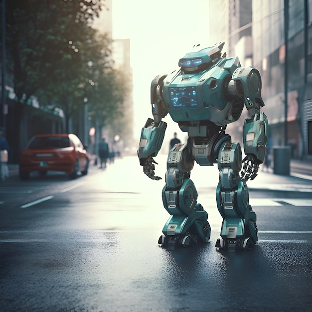 Representación 3D de un robot caminando por la calle en la ciudad