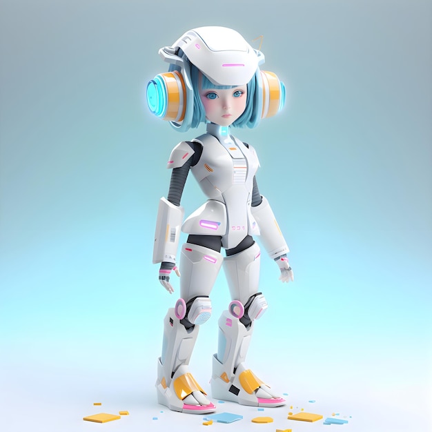 Representación 3D de un robot femenino con auriculares sobre un fondo azul