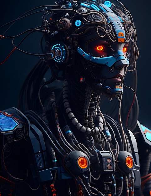 Representación 3D de un robot femenino en un espacio oscuro con luces brillantes y piezas de cable complejas