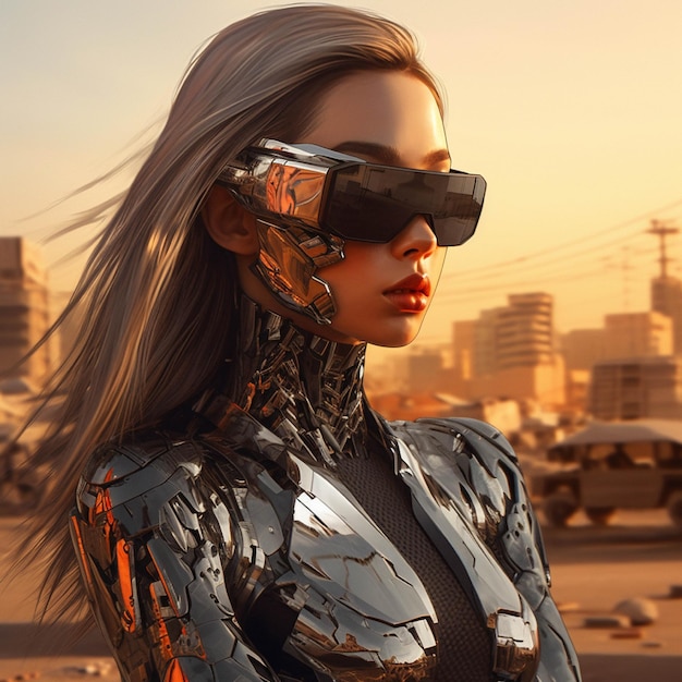 Representación 3D de un robot femenino con gafas futuristas en el fondo de la ciudad