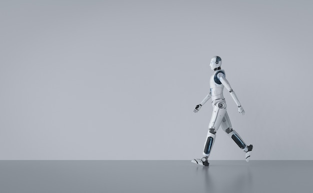 Representación 3D robot humanoide de cuerpo completo caminando con espacio en blanco