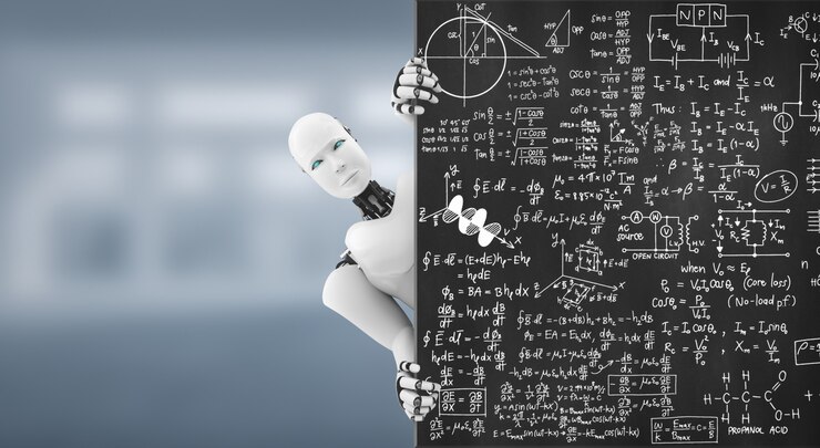 Foto representación 3d de un robot humanoide desde la pizarra educativa en el aula