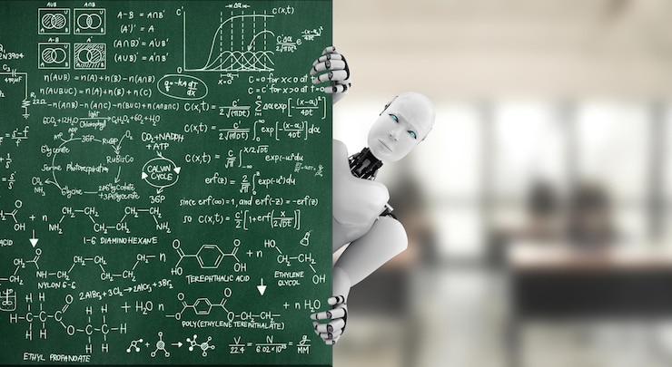 Foto representación 3d de un robot humanoide desde la pizarra educativa en el aula