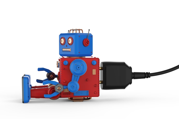 Foto representación 3d robot de juguete de hojalata enchufar sobre fondo blanco.
