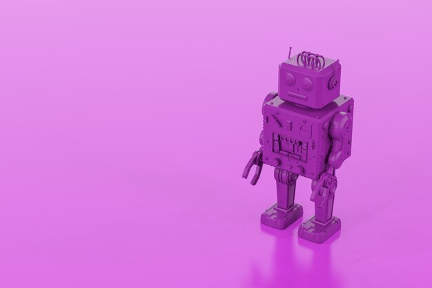 Representación 3D robot de juguete de hojalata de un solo color púrpura sobre fondo púrpura