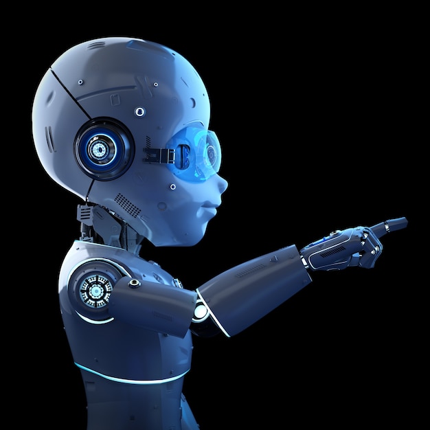 Representación 3D robot lindo o robot de inteligencia artificial con punto de dedo de personaje de dibujos animados