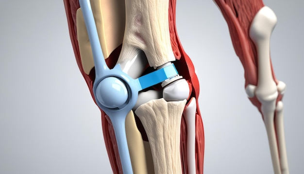 Una representación en 3D de una rodilla con un aparello ortopédico azul