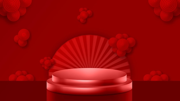 Representación 3D roja de la pantalla de bodegones de comercio electrónico de geometría eólica china