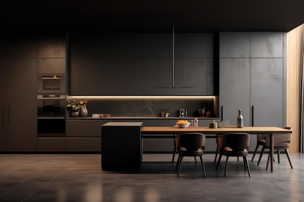 Representación 3D de sala de cocina moderna mate oscura