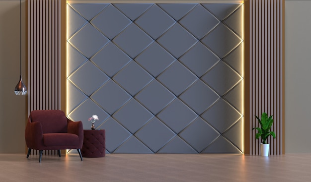 Representación 3D de sala de estar con decoración de panel de pared.