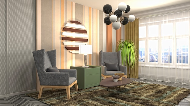 Representación 3D de una sala de estar moderna y acogedora