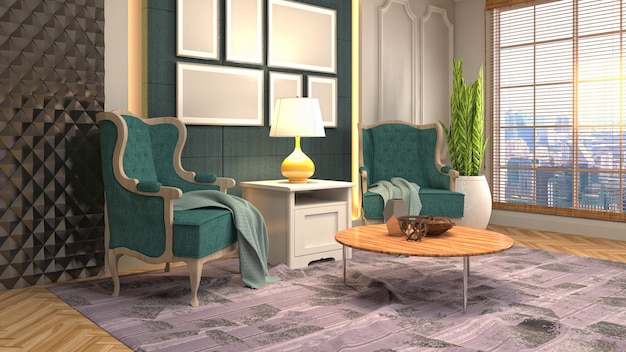 Representación 3D de una sala de estar moderna y acogedora