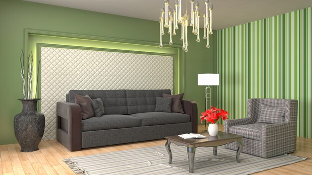 Representación 3D de una sala de estar moderna y elegante