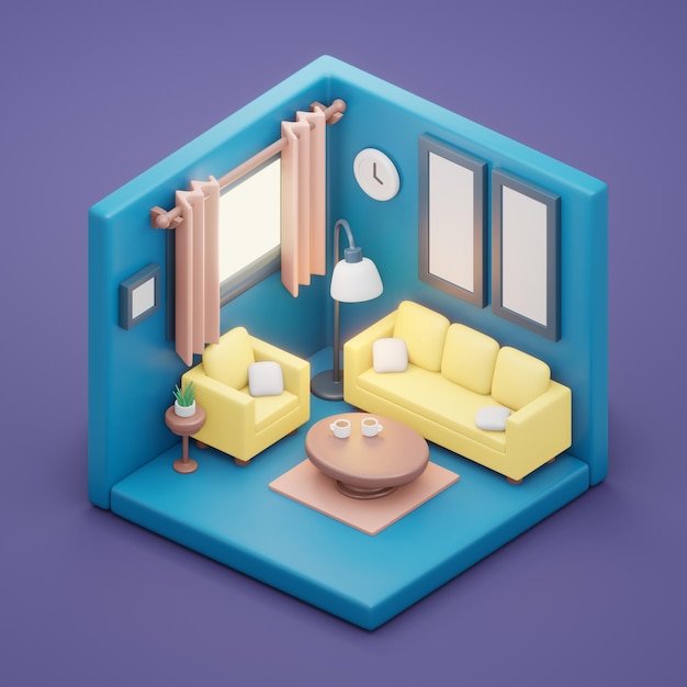 Foto representación 3d de la sala de estar con muebles, sofá, sofá, lámpara, mesa de café, planta y decoración de marcos de fotos, ilustración de dibujos animados de representación 3d