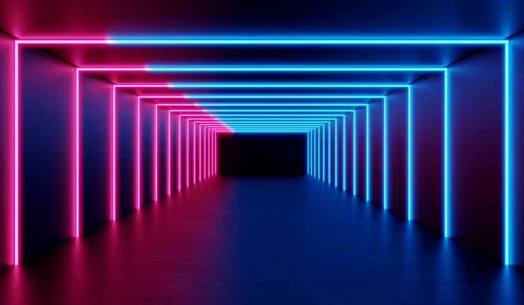Representación 3D Sala oscura futurista con luz láser de neón brillante Sala de ciencia ficción de túnel rosa y azul