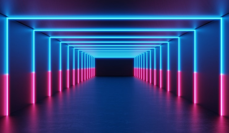 Representación 3D Sala oscura futurista con luz láser de neón brillante Sala de ciencia ficción de túnel rosa y azul