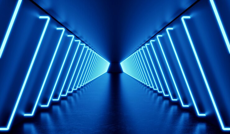 Representación 3D Sala oscura futurista con luz láser de neón brillante Sala de ciencia ficción de túnel rosa y azul