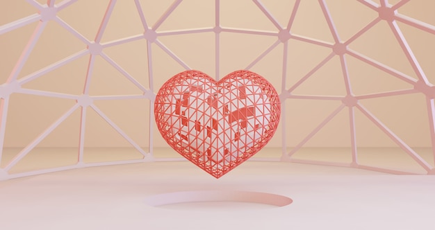 Representación 3D de San Valentín. Corazones blancos flotando en el marco sobre fondo blanco círculo agujero, minimalista. Símbolo de amor Render 3d moderno.