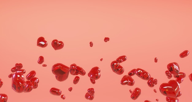 Representación 3D de San Valentín. Corazones de cristal rojo flotando sobre fondo rosa, minimalista. Símbolo de amor Render 3d moderno.