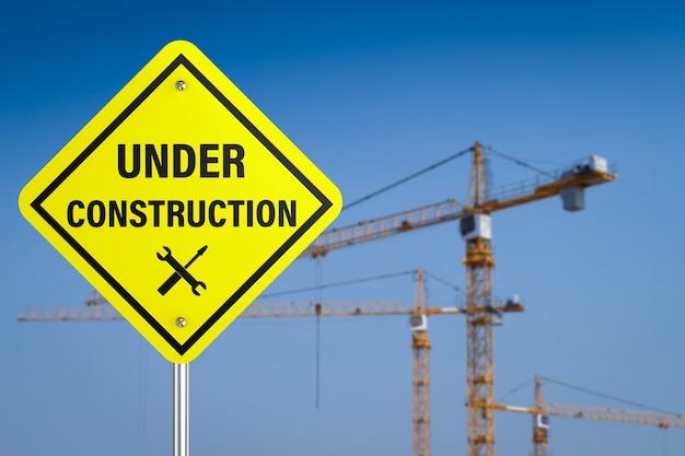 Foto representación 3d en signo de construcción con fondo de sitio de construcción