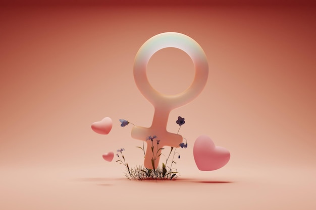 Representación 3d de símbolo femenino y forma de corazón