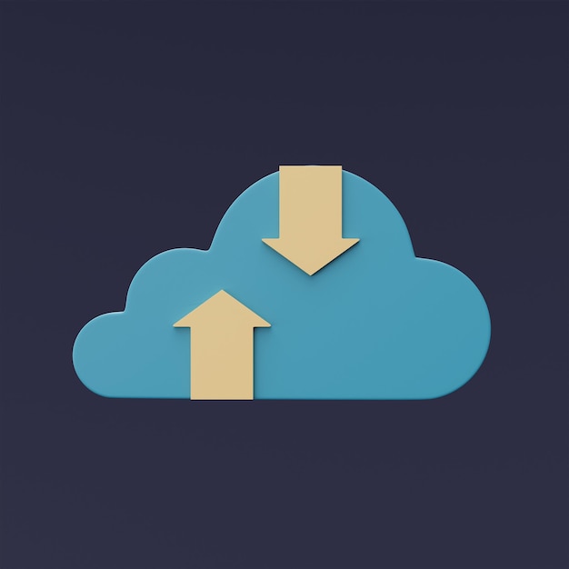 Representación 3d del símbolo de nube azul con línea de flecha aislada sobre fondo oscuroTecnología de almacenamiento en la nubetransferir información de datosestilo minimalista