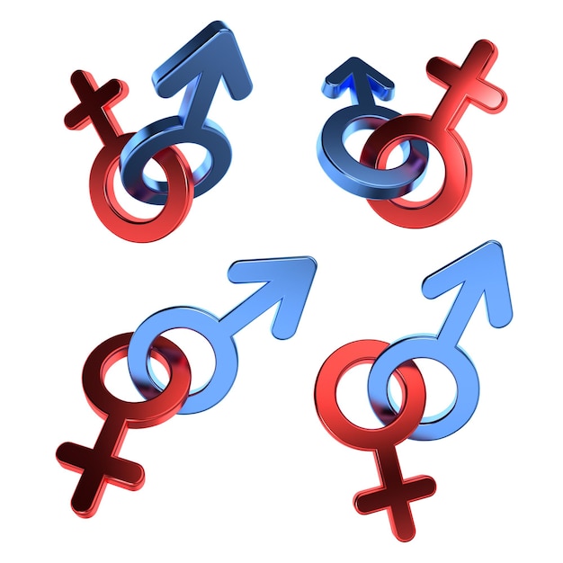 Representación 3D de símbolos masculinos y femeninos. Signos de género. Color azul y rojo metalizado.