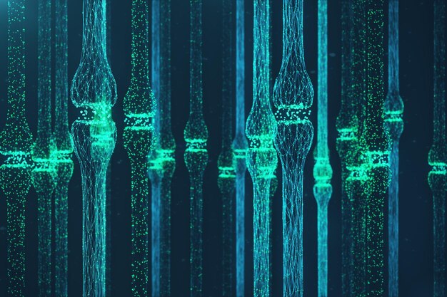 Representación 3D sinapsis azul brillante. Neurona artificial en concepto de inteligencia artificial. Líneas de transmisión sináptica de pulsos. Espacio poligonal abstracto bajo poli con puntos y líneas de conexión