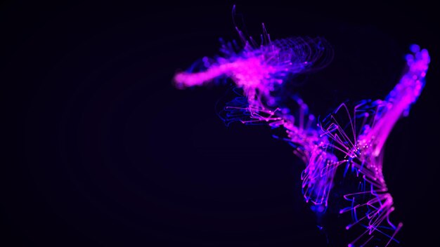 Representación 3D de un sistema de plexo y partículas con estilo abstracto y colorido sobre un fondo oscuro