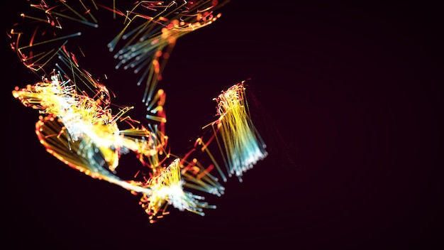 Representación 3D de un sistema de plexo y partículas con estilo abstracto y colorido sobre un fondo oscuro