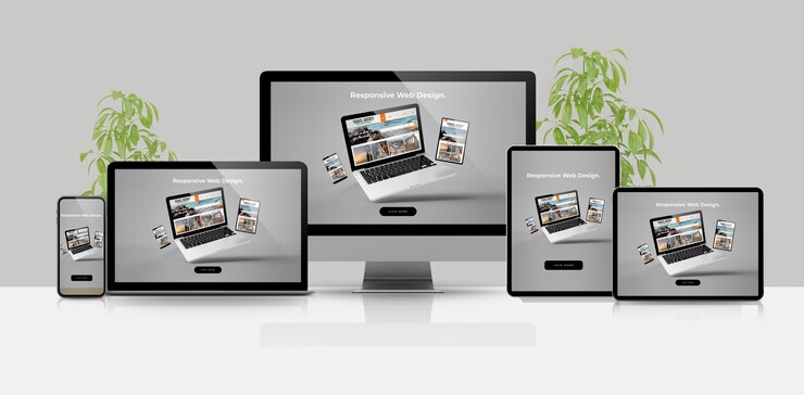 Foto representación 3d del sitio web receptivo de maquetas de dispositivos